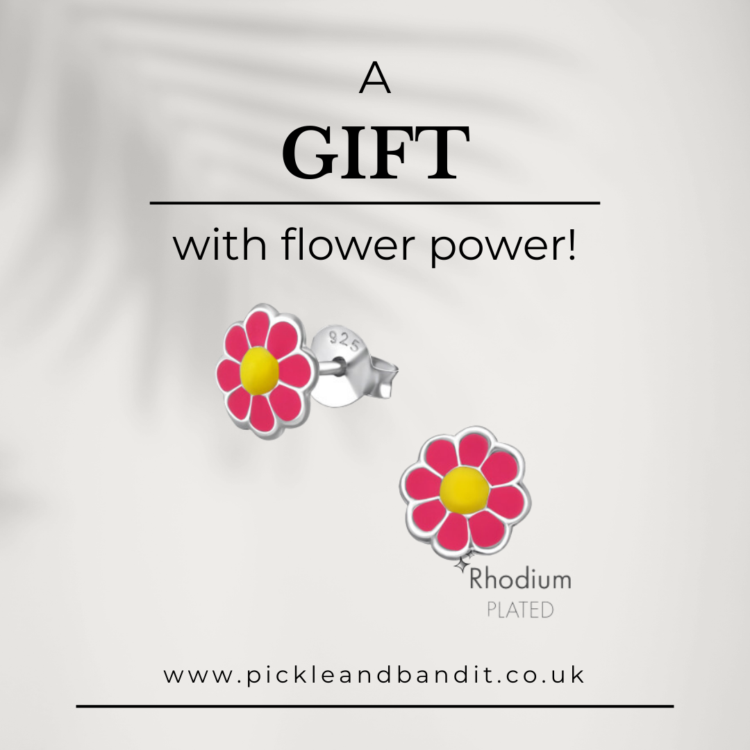 Rhodium Plated Sterling Silver Pink Daisy Ear Studs