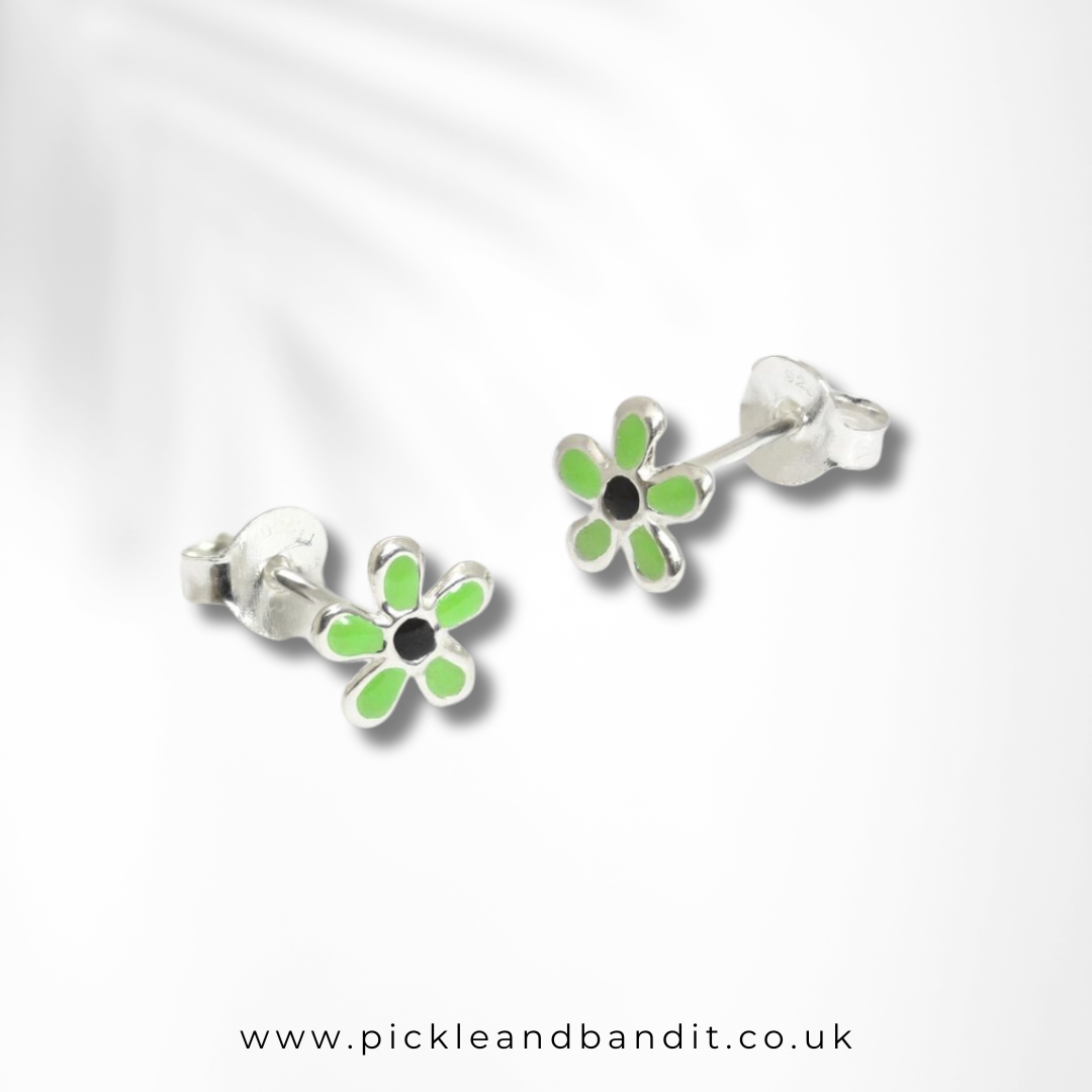 Sterling Silver Green Daisy Ear Studs