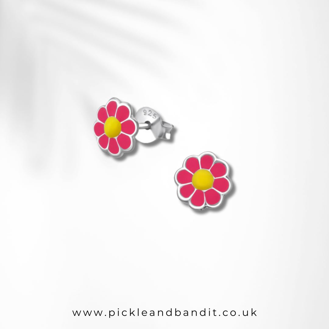 Rhodium Plated Sterling Silver Pink Daisy Ear Studs