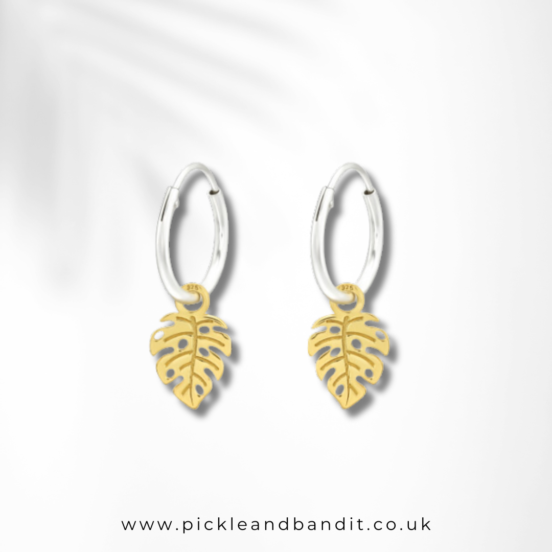 Sterling Silver Gold Vermeil Leaf Hoop Earrings