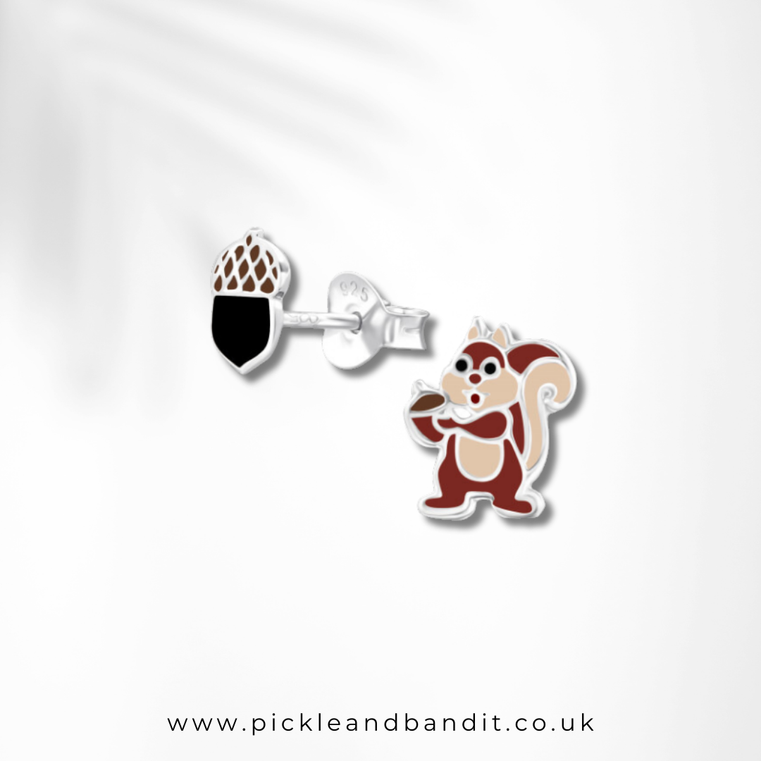 Sterling Silver Squirrel and Acorn Ear Studs