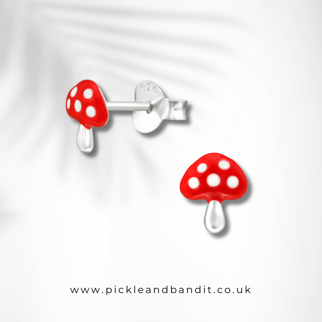 Sterling Silver Red Mushroom Ear Studs
