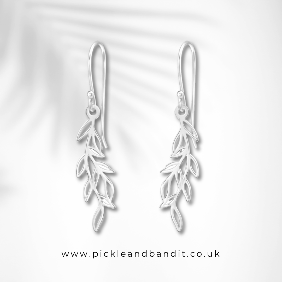 Sterling Silver Long Leaf Drop Earrings