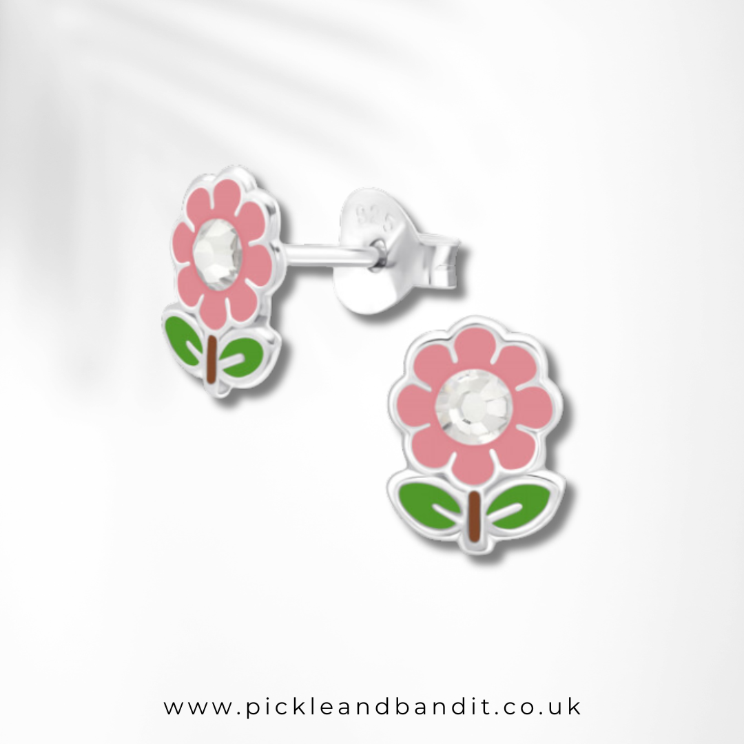 Sterling Silver Pink Flower Crystal Gem Studs