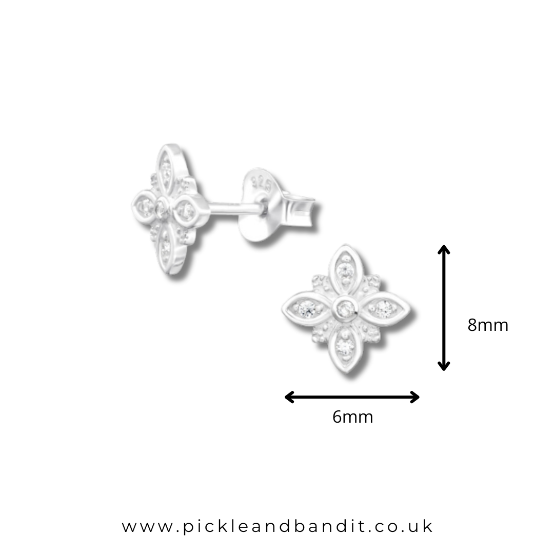 Sterling Silver Flower Clear CZ Crystal Gem Studs