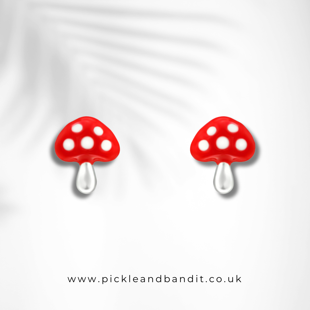 Sterling Silver Red Mushroom Ear Studs