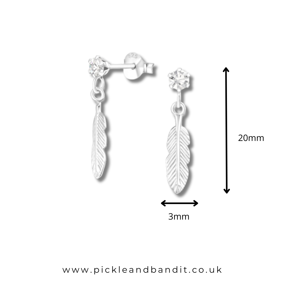 Sterling Silver Feather Drop Stud Earrings