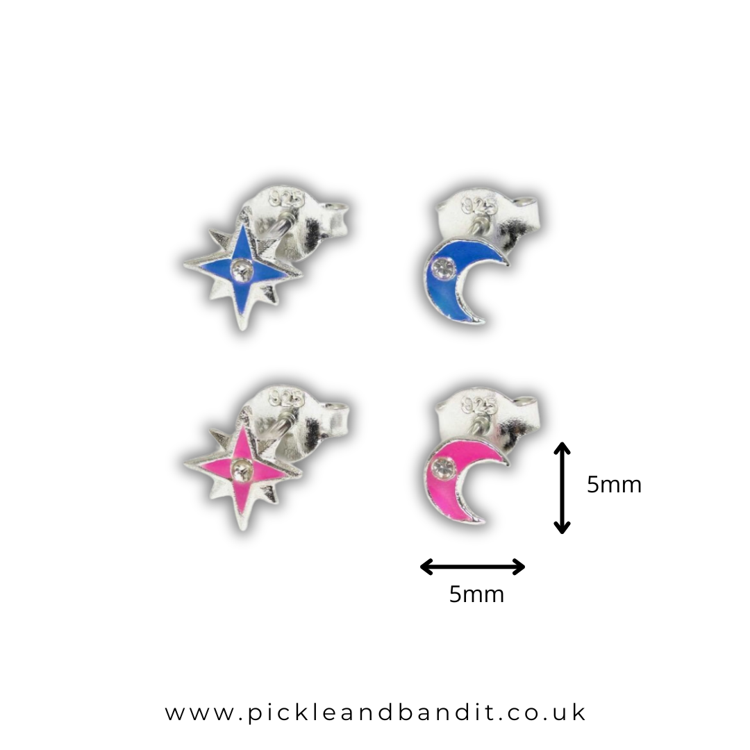 Sterling Silver Colourful Moon And Star Ear Studs