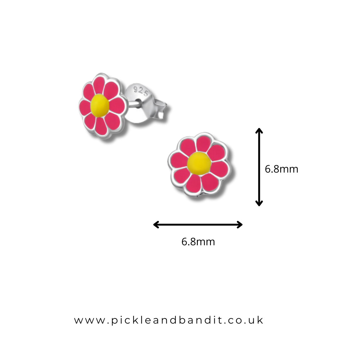 Rhodium Plated Sterling Silver Pink Daisy Ear Studs