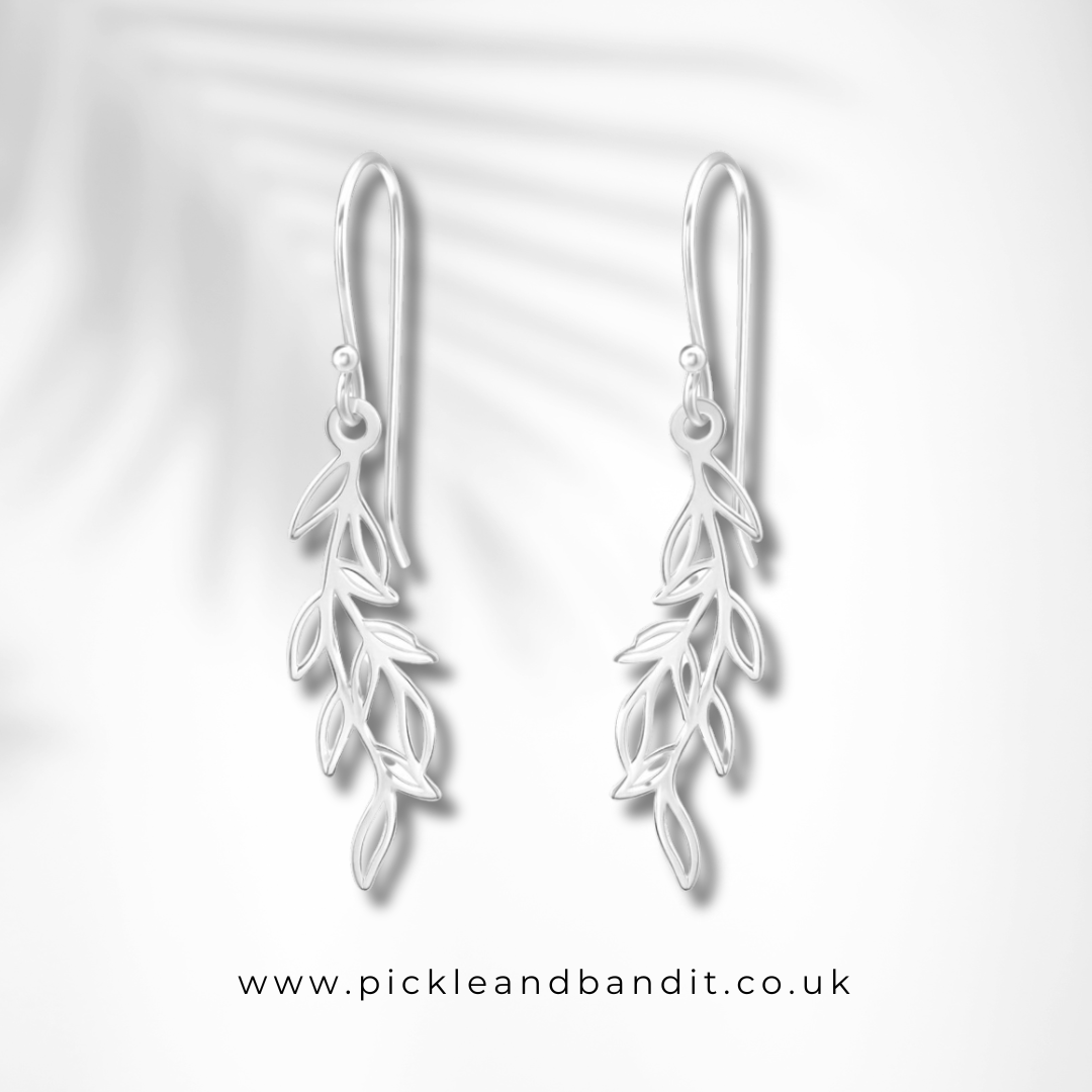 Sterling Silver Long Leaf Drop Earrings