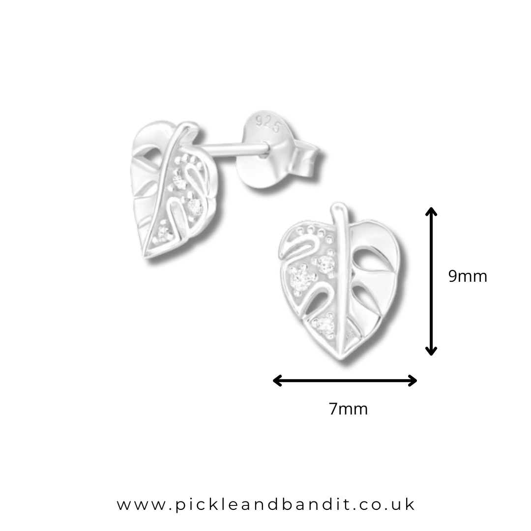 Sterling Silver CZ Crystal Leaf Ear Studs