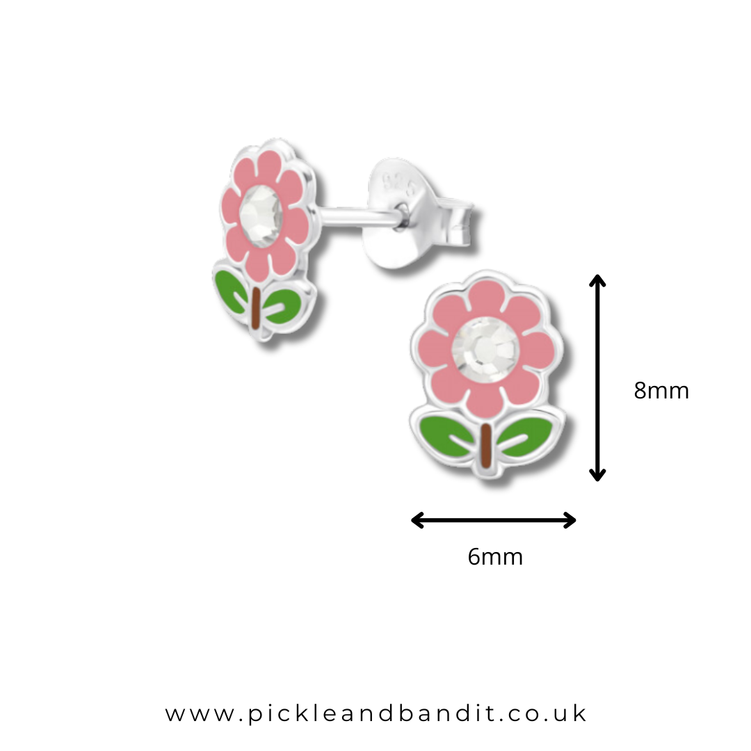 Sterling Silver Pink Flower Crystal Gem Studs