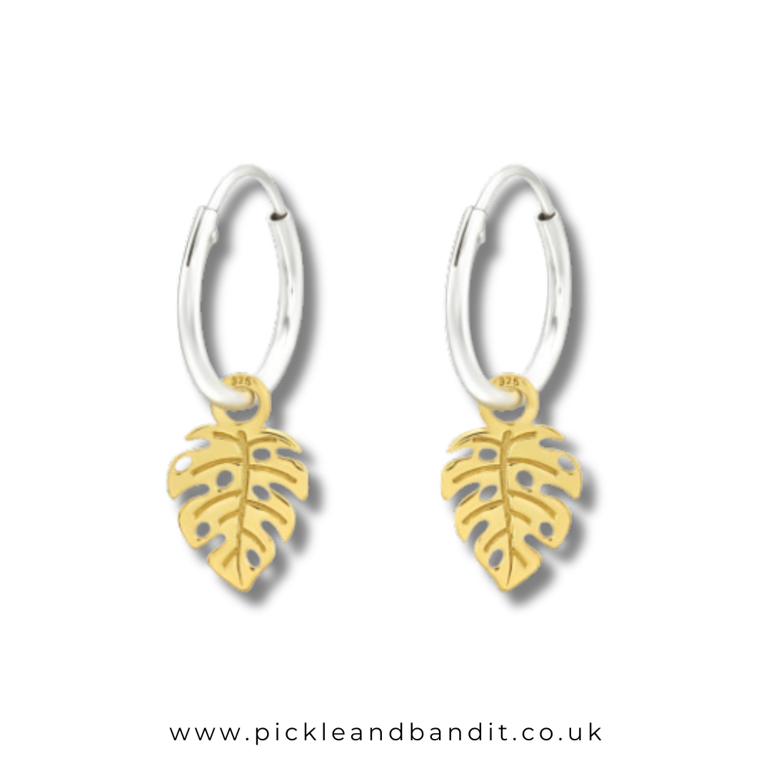 Sterling Silver Gold Vermeil Leaf Hoop Earrings