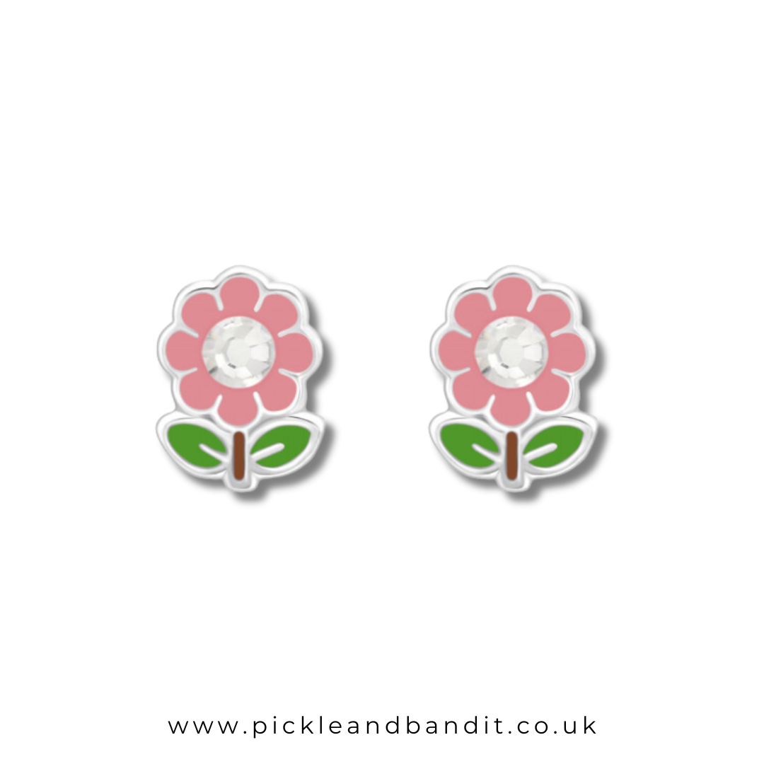 Sterling Silver Pink Flower Crystal Gem Studs