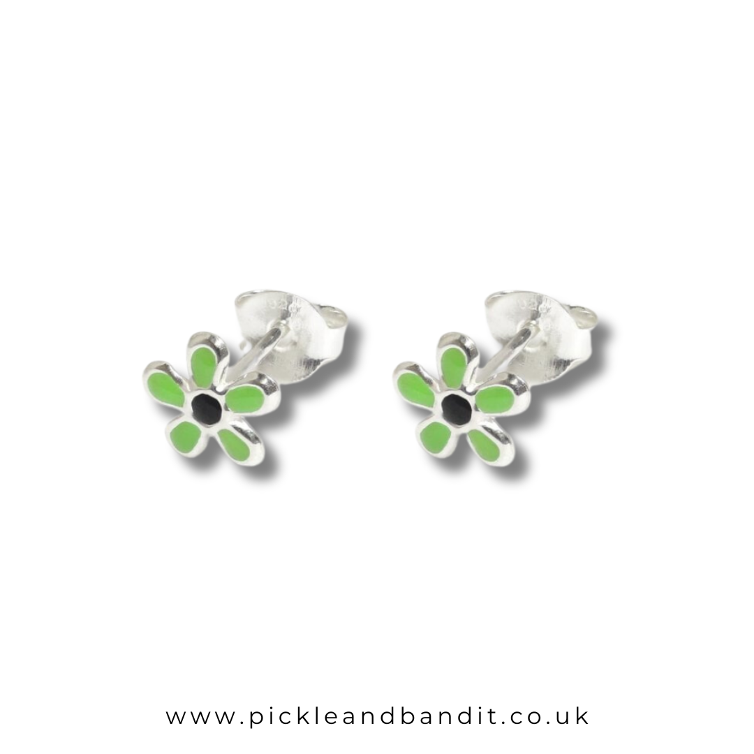 Sterling Silver Green Daisy Ear Studs