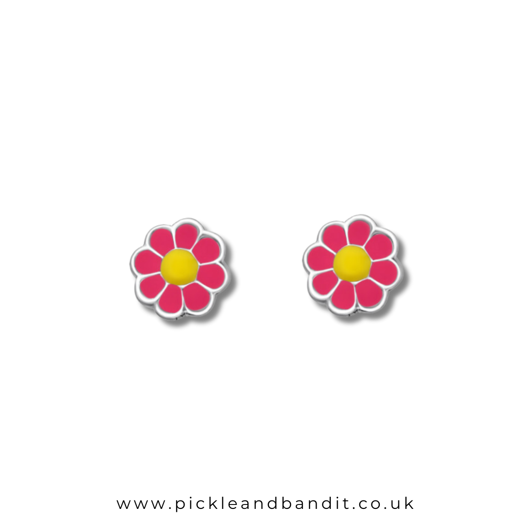 Rhodium Plated Sterling Silver Pink Daisy Ear Studs