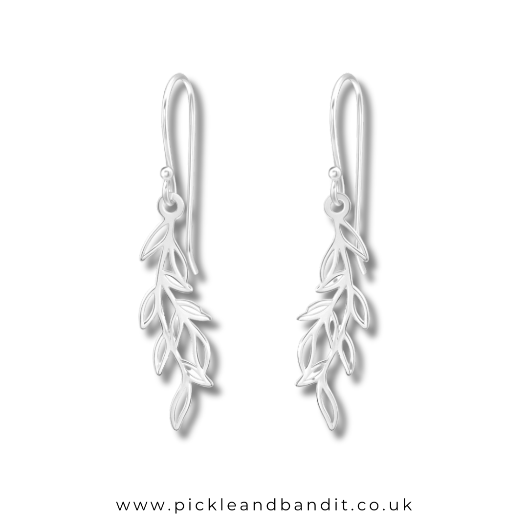 Sterling Silver Long Leaf Drop Earrings