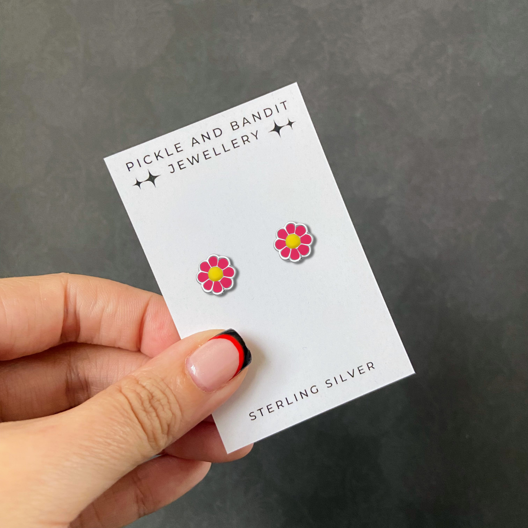 Rhodium Plated Sterling Silver Pink Daisy Ear Studs