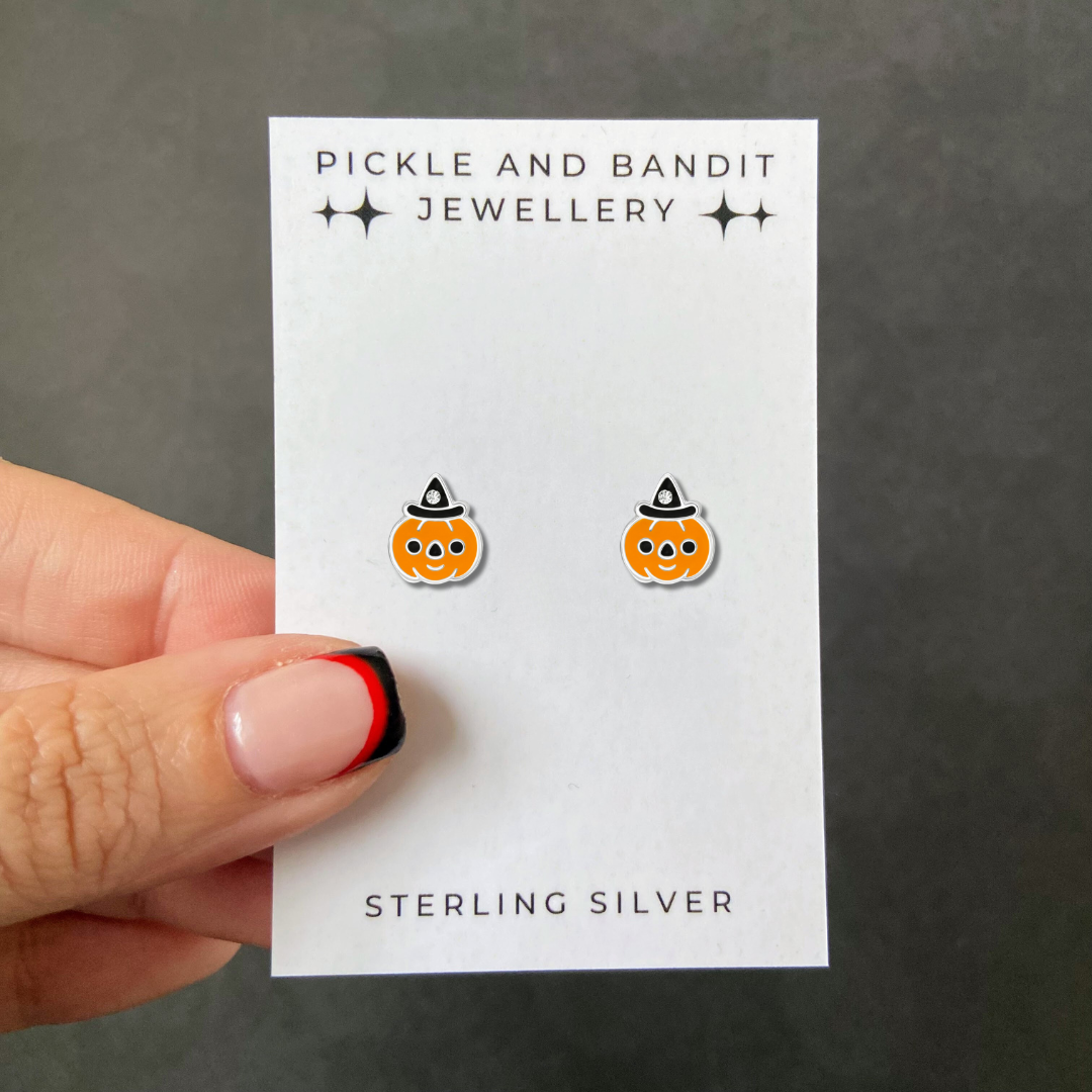 Sterling Silver Crystal Hat Pumpkin Ear Studs