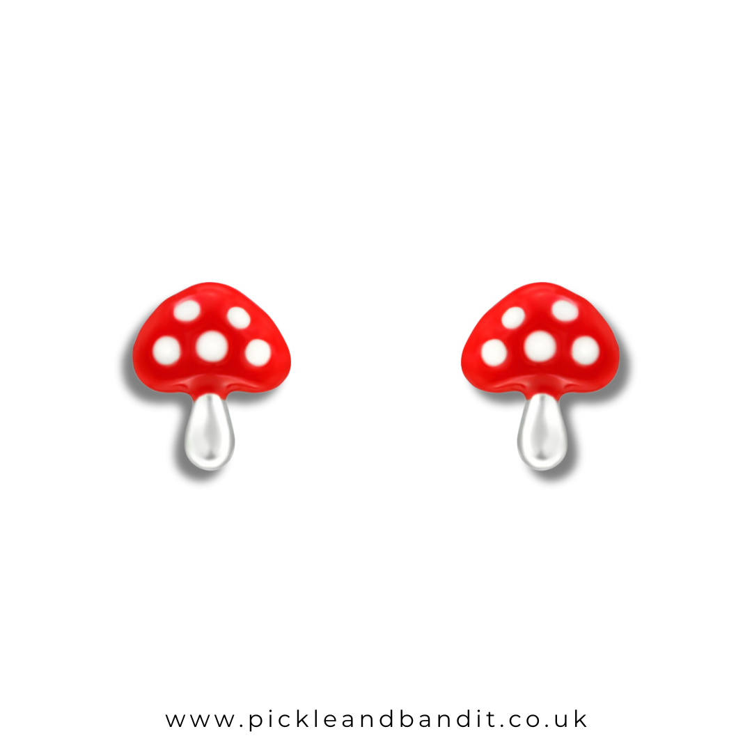 Sterling Silver Red Mushroom Ear Studs