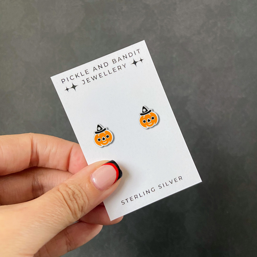 Sterling Silver Crystal Hat Pumpkin Ear Studs