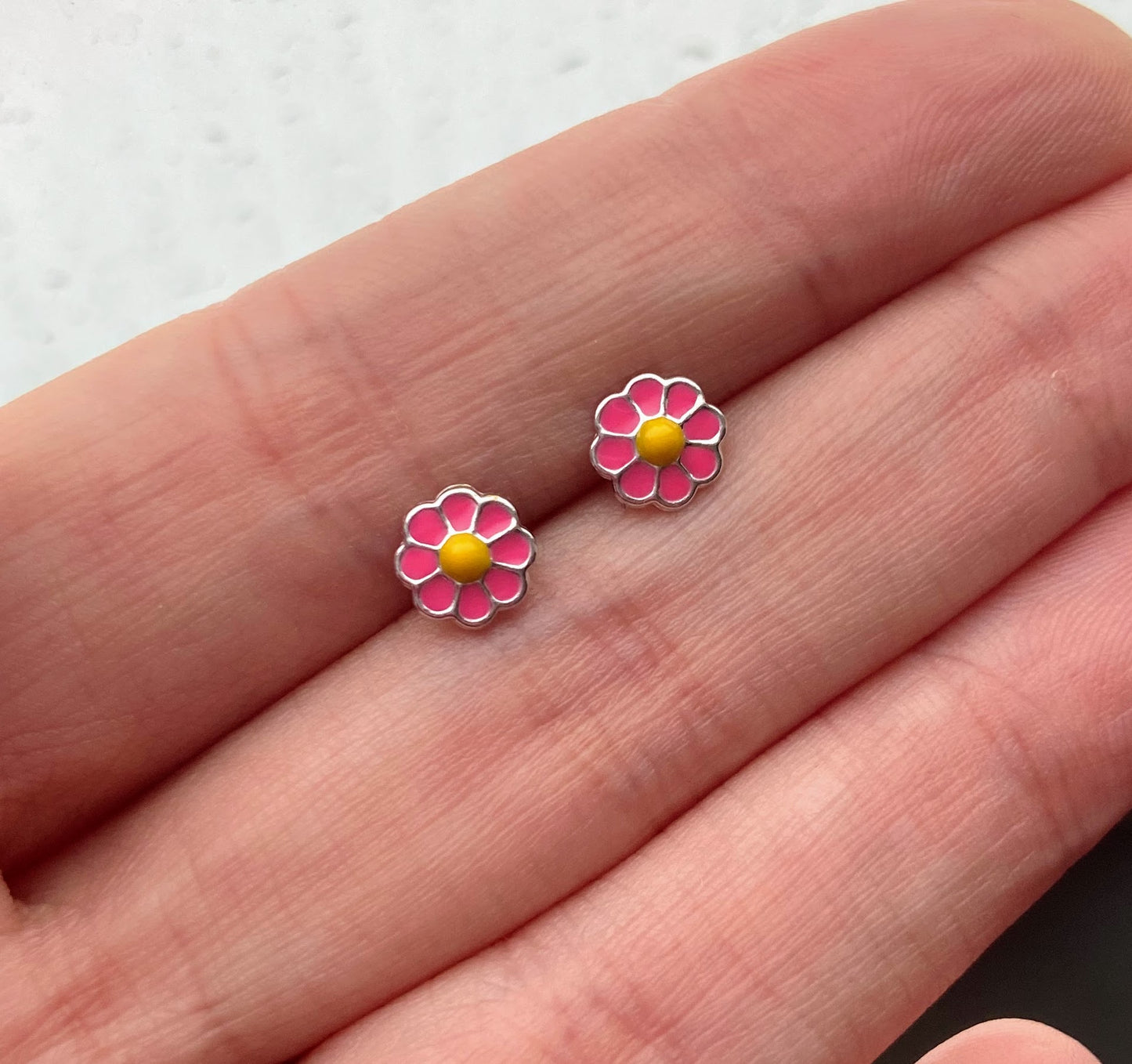 Rhodium Plated Sterling Silver Pink Daisy Ear Studs