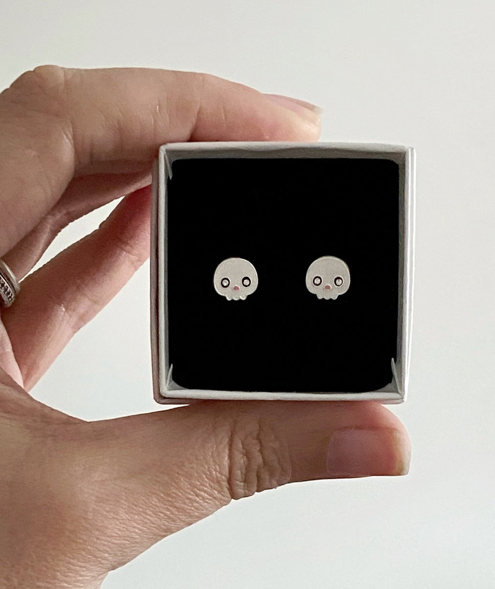 Sterling Silver Crystal Skull Ear Studs