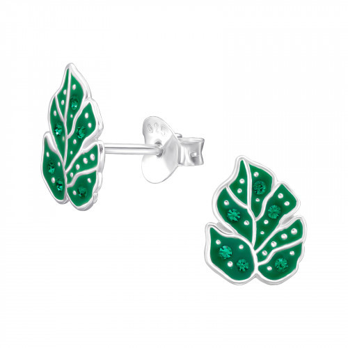 Sterling Silver Green Leaf Ear Studs