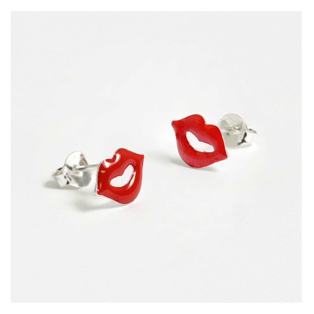 Sterling Silver Red Lips Ear Studs