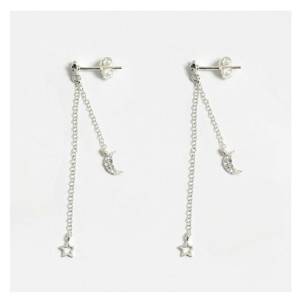 Side view of celestial drop studs showing posts and scroll backs in sterling silver.