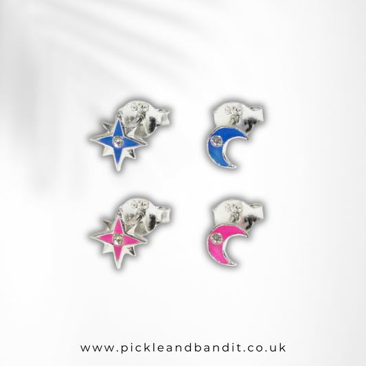 Sterling Silver Colourful Moon And Star Ear Studs