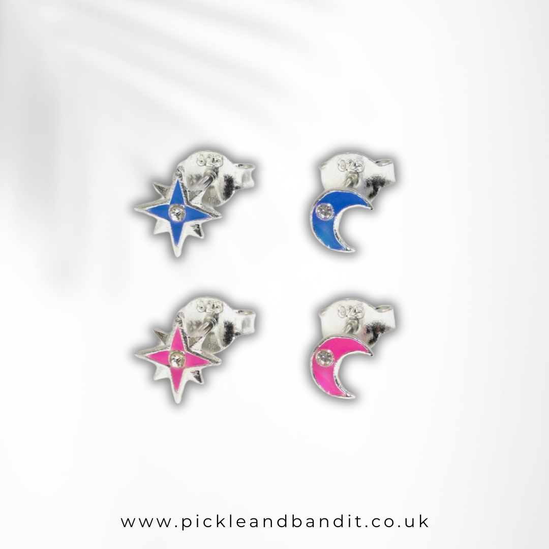 Sterling Silver Colourful Moon And Star Ear Studs
