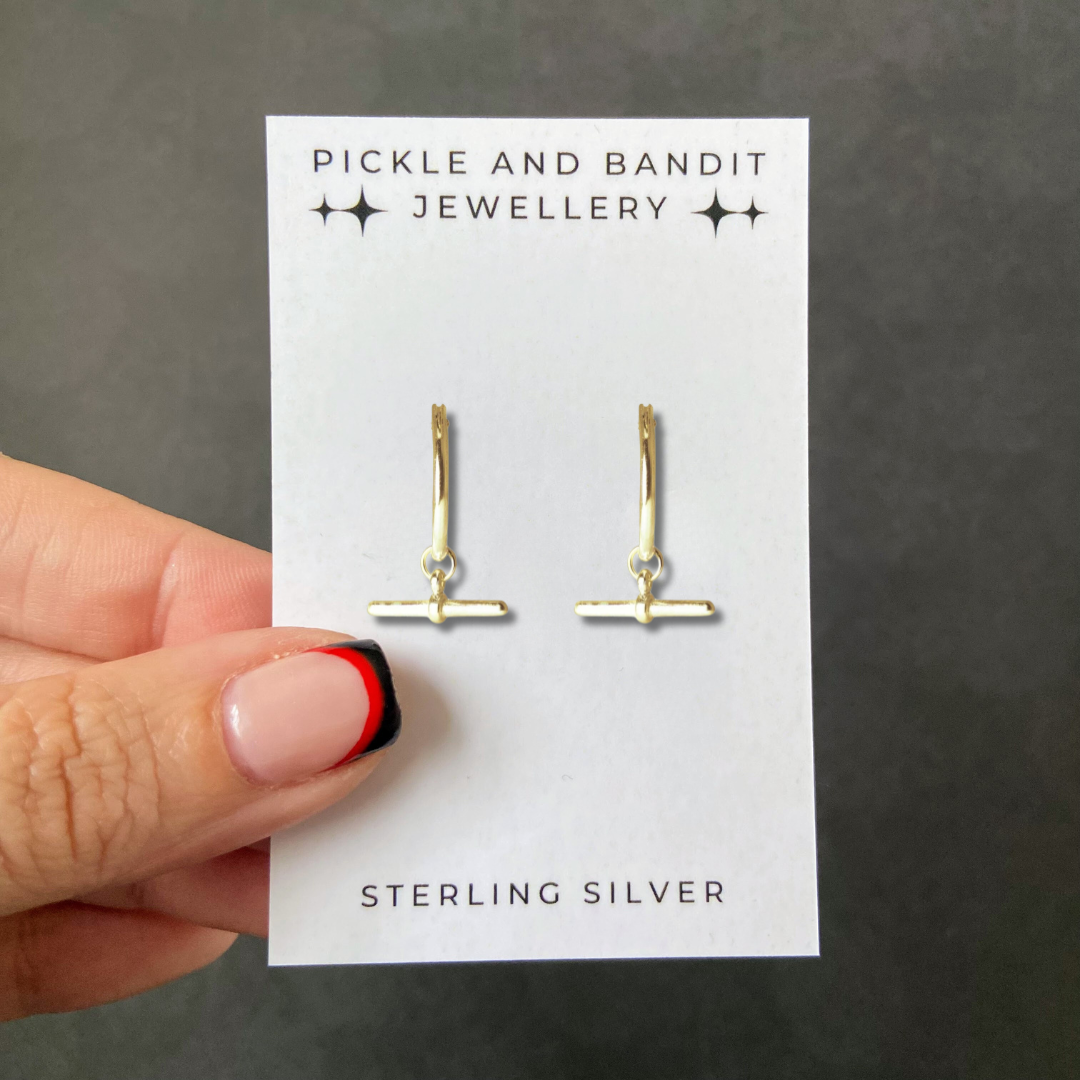 Sterling Silver Gold Vermeil Tiny T-bar Hoop Earrings