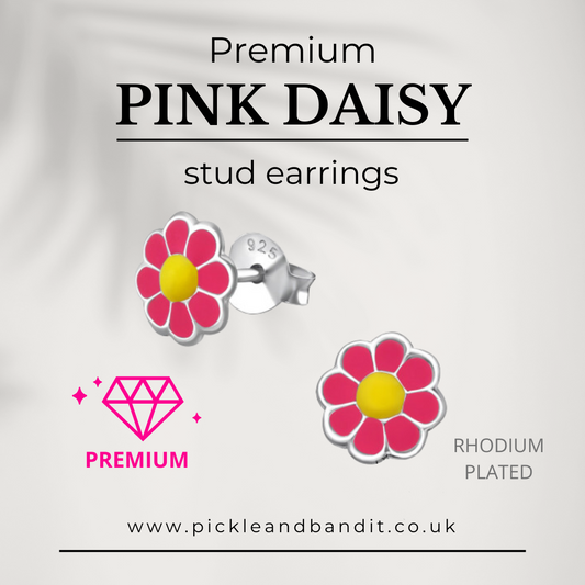 Rhodium Plated Sterling Silver Pink Daisy Ear Studs
