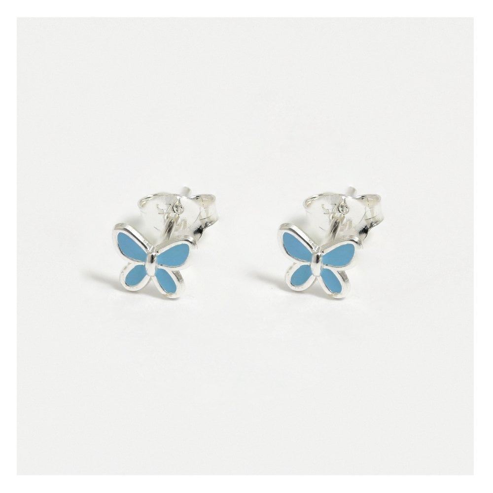 Tiny sterling silver and blue enamel baby butterfly stud earrings.