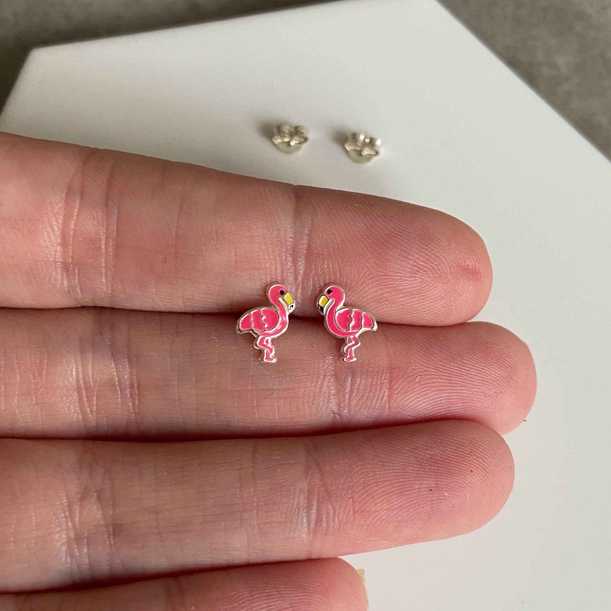 Pink enamel sterling silver flamingo stud earrings